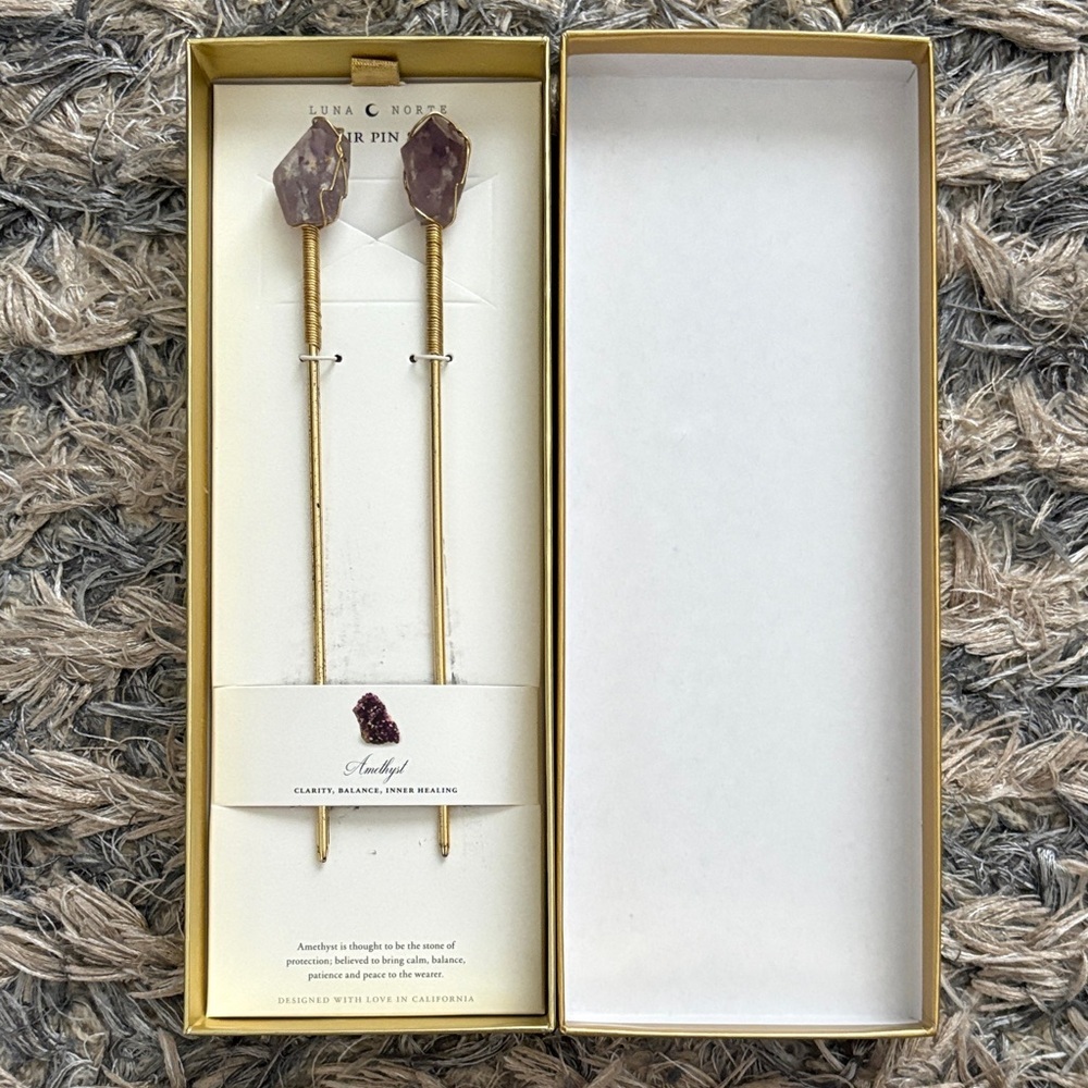 New Amethyst Hair Pin Set, Gold Hardware for Clarity, Balance & Inner Healing - Picture 6 of 7
